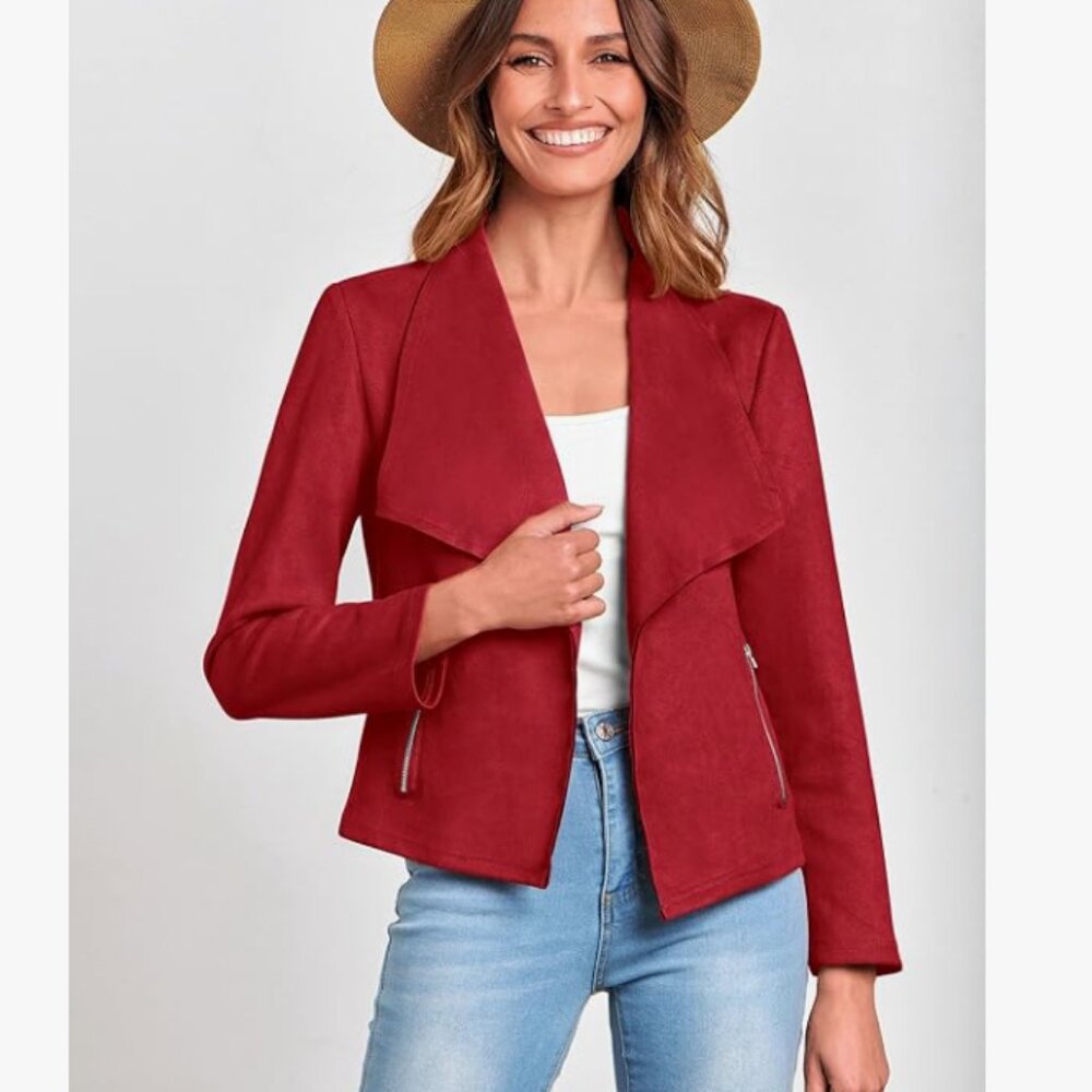 PRETTY GARDEN Faux Suede Open Draped Front Jackets - Picture 3 of 12
